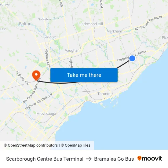 Scarborough Centre Bus Terminal to Bramalea Go Bus map