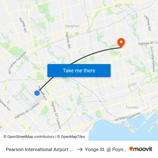 Pearson International Airport Terminal 1 to Yonge St. @ Poyntz Ave. map