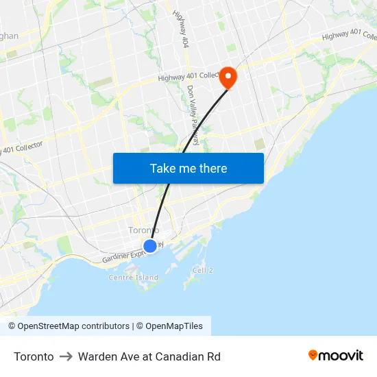 Toronto to Warden Ave at Canadian Rd map