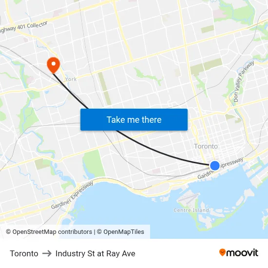 Toronto to Industry St at Ray Ave map