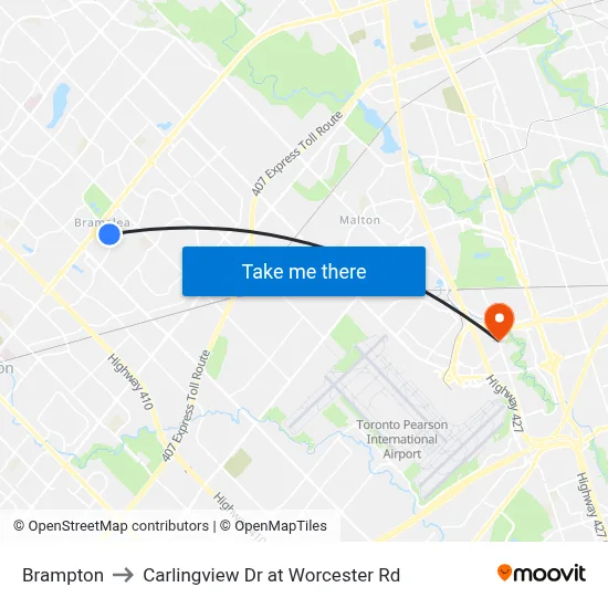 Brampton to Carlingview Dr at Worcester Rd map