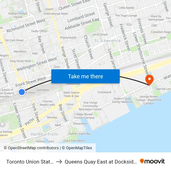 Toronto Union Station to Queens Quay East at Dockside Dr map