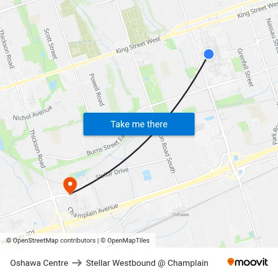 Oshawa Centre to Stellar Westbound @ Champlain map