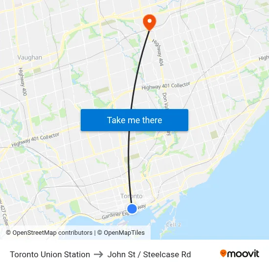 Toronto Union Station to John St / Steelcase Rd map