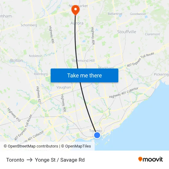 Toronto to Yonge St / Savage Rd map