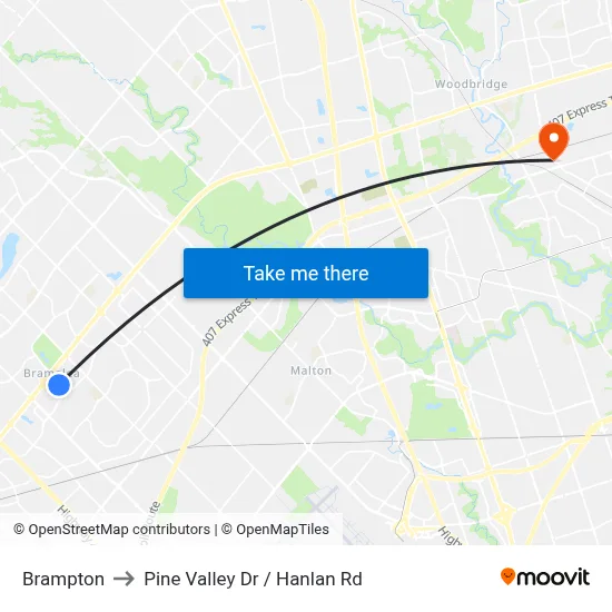 Brampton to Pine Valley Dr / Hanlan Rd map