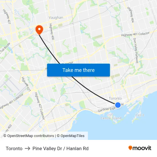 Toronto to Pine Valley Dr / Hanlan Rd map