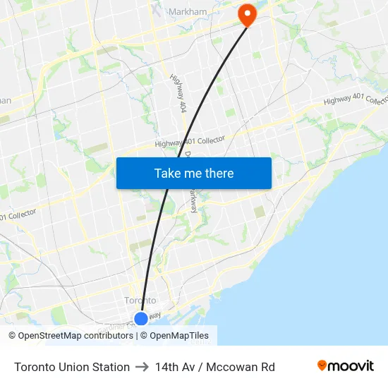 Toronto Union Station to 14th Av / Mccowan Rd map