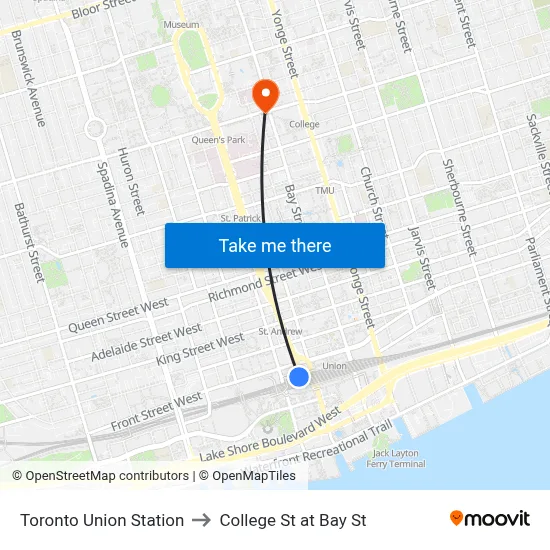 Toronto Union Station to College St at Bay St map