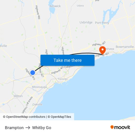 Brampton to Whitby Go map