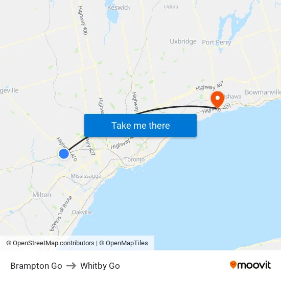 Brampton Go to Whitby Go map