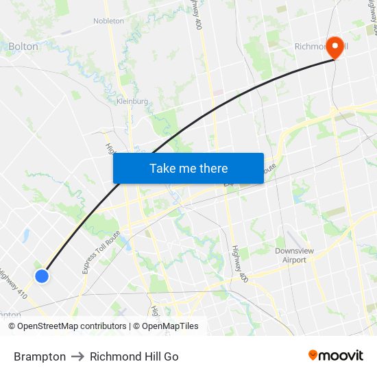 Brampton to Richmond Hill Go map