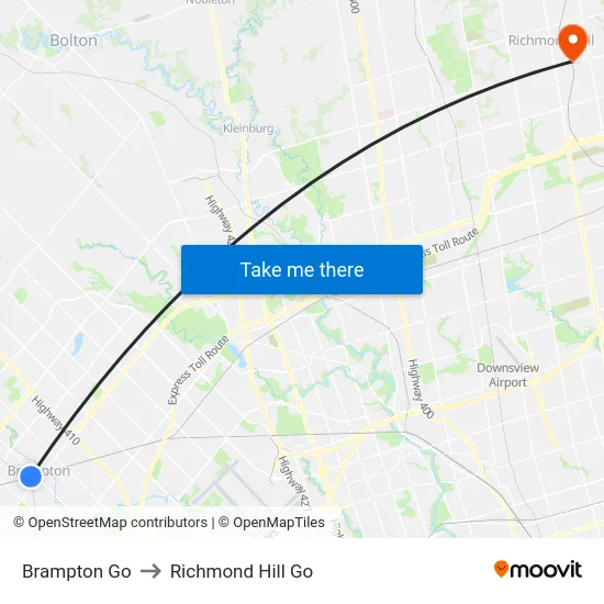 Brampton Go to Richmond Hill Go map