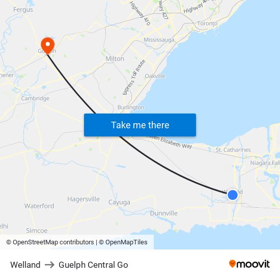 Welland to Guelph Central Go map