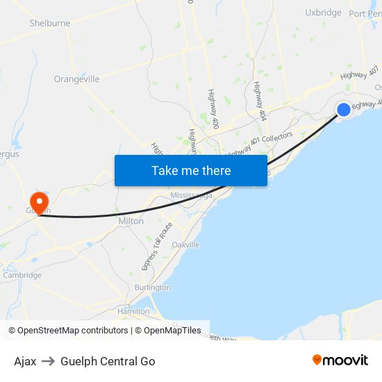 Ajax to Guelph Central Go map