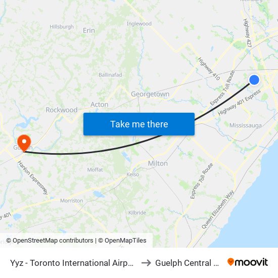 Yyz - Toronto International Airport to Guelph Central Go map