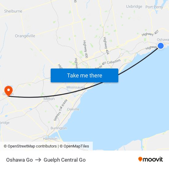 Oshawa Go to Guelph Central Go map