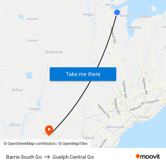 Barrie South Go to Guelph Central Go map