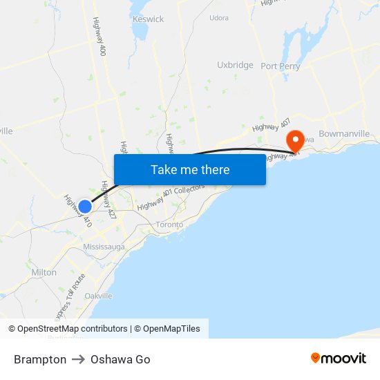 Brampton to Oshawa Go map