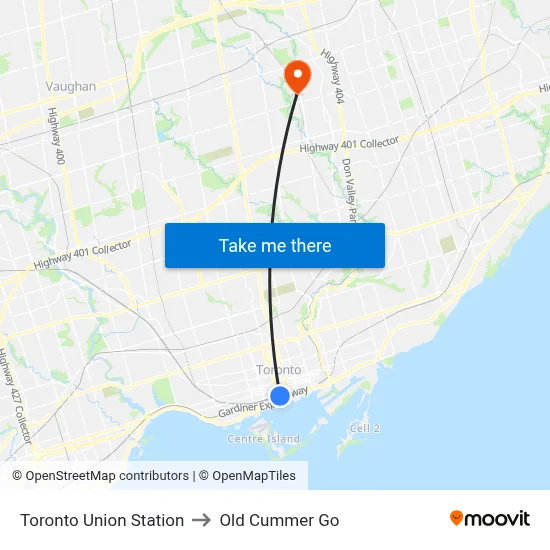 Toronto Union Station to Old Cummer Go map