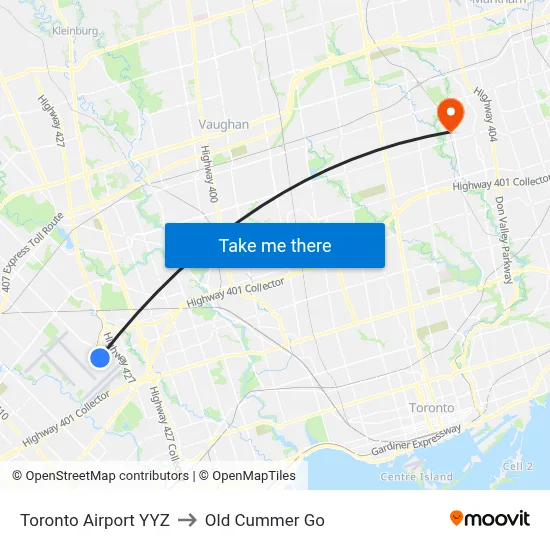 Toronto Airport YYZ to Old Cummer Go map