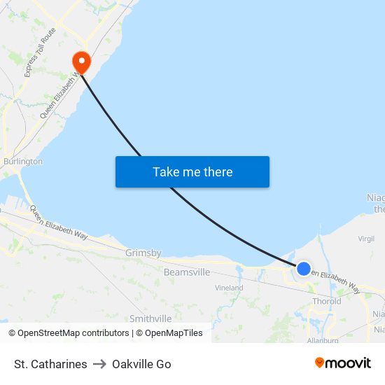 St. Catharines to Oakville Go map