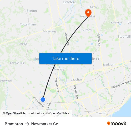 Brampton to Newmarket Go map