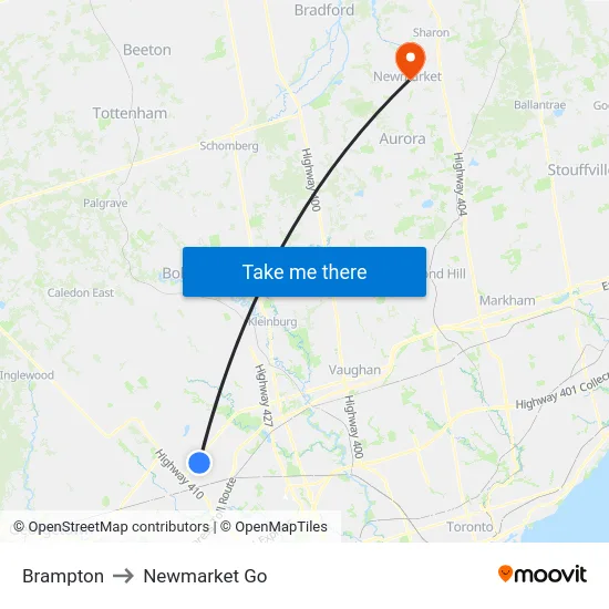 Brampton to Newmarket Go map