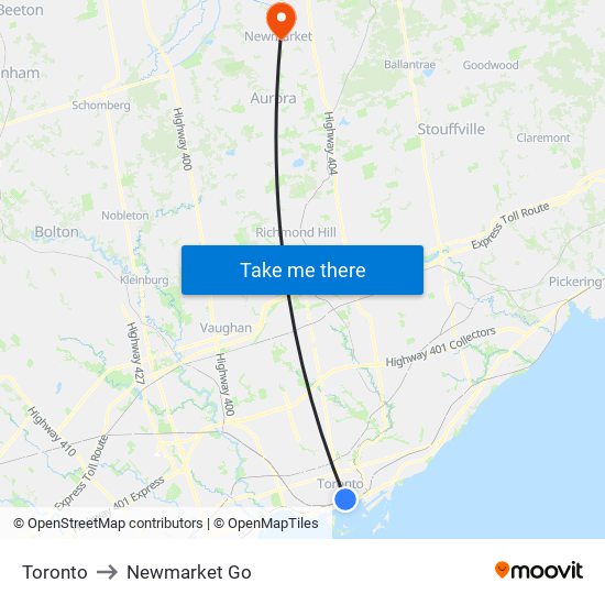 Toronto to Newmarket Go map