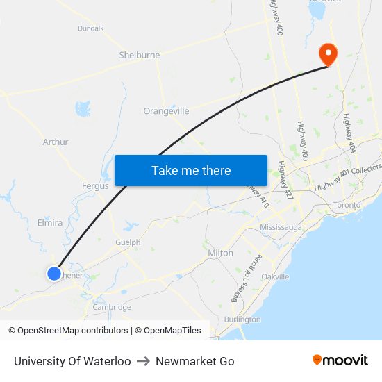 University Of Waterloo to Newmarket Go map