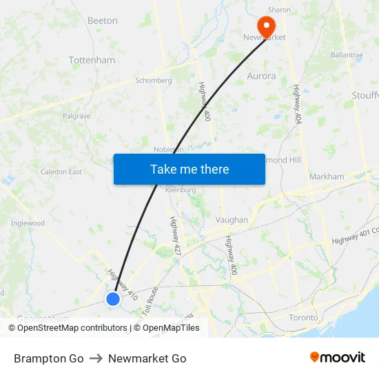 Brampton Go to Newmarket Go map