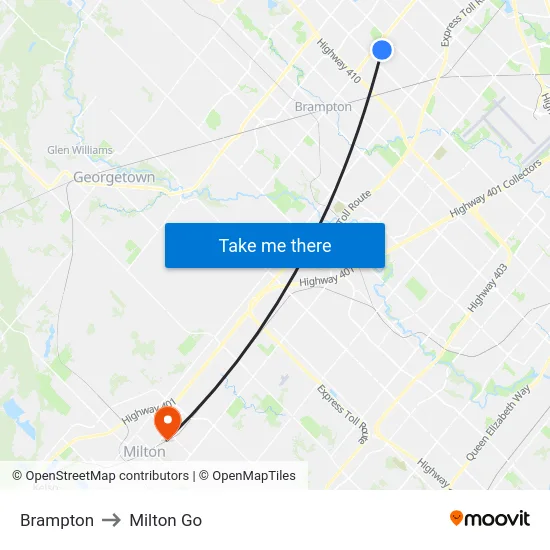 Brampton to Milton Go map