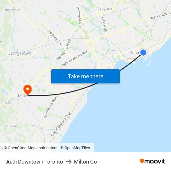Audi Downtown Toronto to Milton Go map