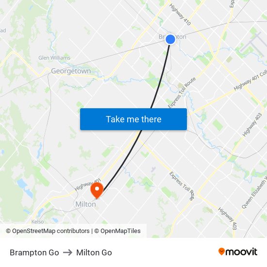 Brampton Go to Milton Go map