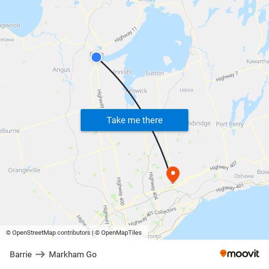 Barrie to Markham Go map