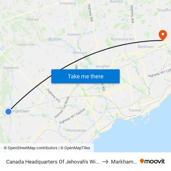 Canada Headquarters Of Jehovah's Witnesses to Markham Go map