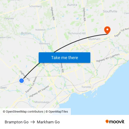 Brampton Go to Markham Go map