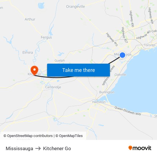Mississauga to Kitchener Go map