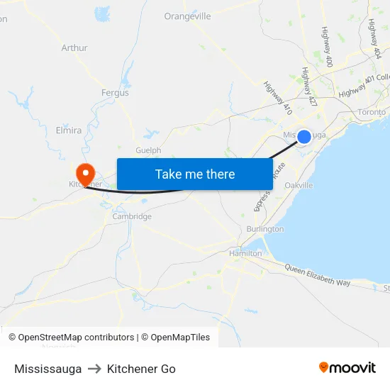 Mississauga to Kitchener Go map