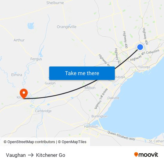 Vaughan to Kitchener Go map