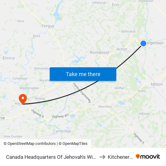 Canada Headquarters Of Jehovah's Witnesses to Kitchener Go map