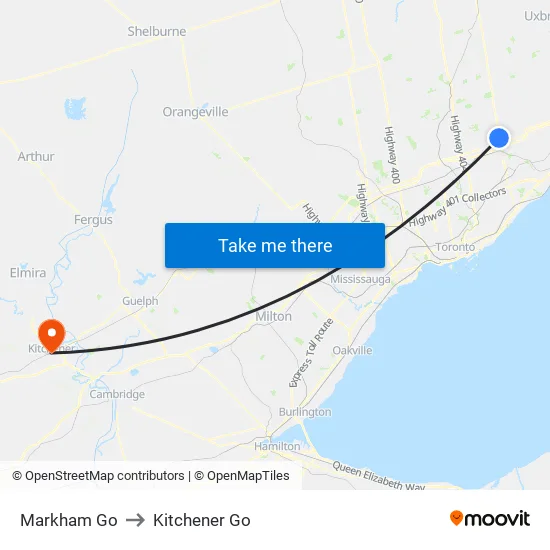 Markham Go to Kitchener Go map