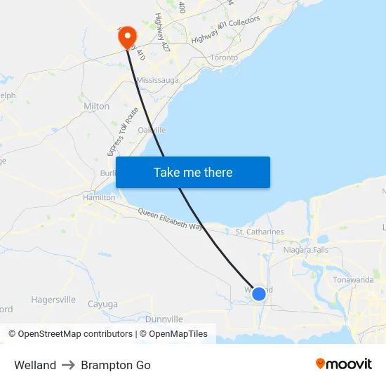 Welland to Brampton Go map