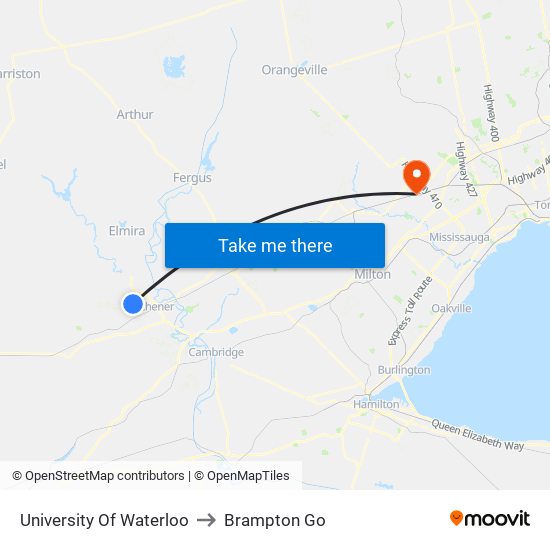 University Of Waterloo to Brampton Go map