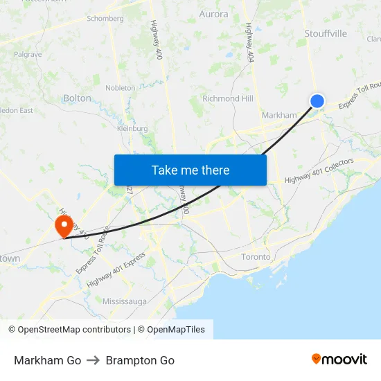 Markham Go to Brampton Go map