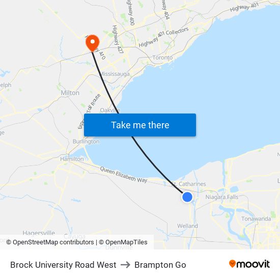 Brock University Road West to Brampton Go map