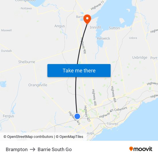 Brampton to Barrie South Go map