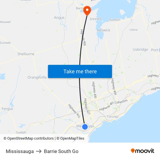 Mississauga to Barrie South Go map