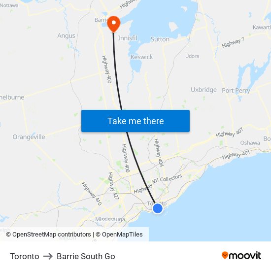 Toronto to Barrie South Go map