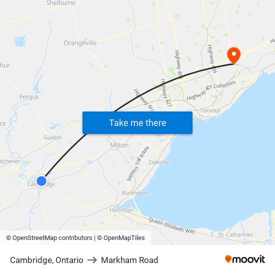 Cambridge, Ontario to Markham Road map